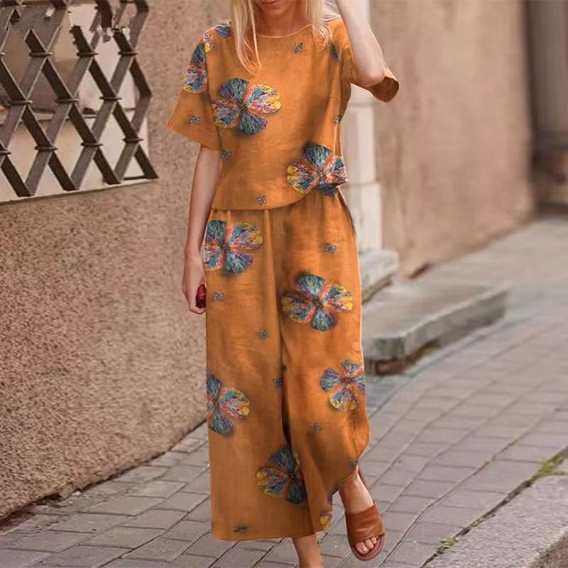 2025 New Women's Printed Cotton Linen Job Short Sleeve Casual Nine Minute Pants Set