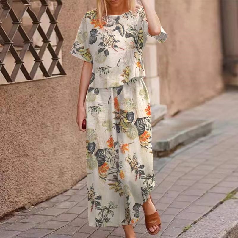 2025 New Women's Printed Cotton Linen Job Short Sleeve Casual Nine Minute Pants Set