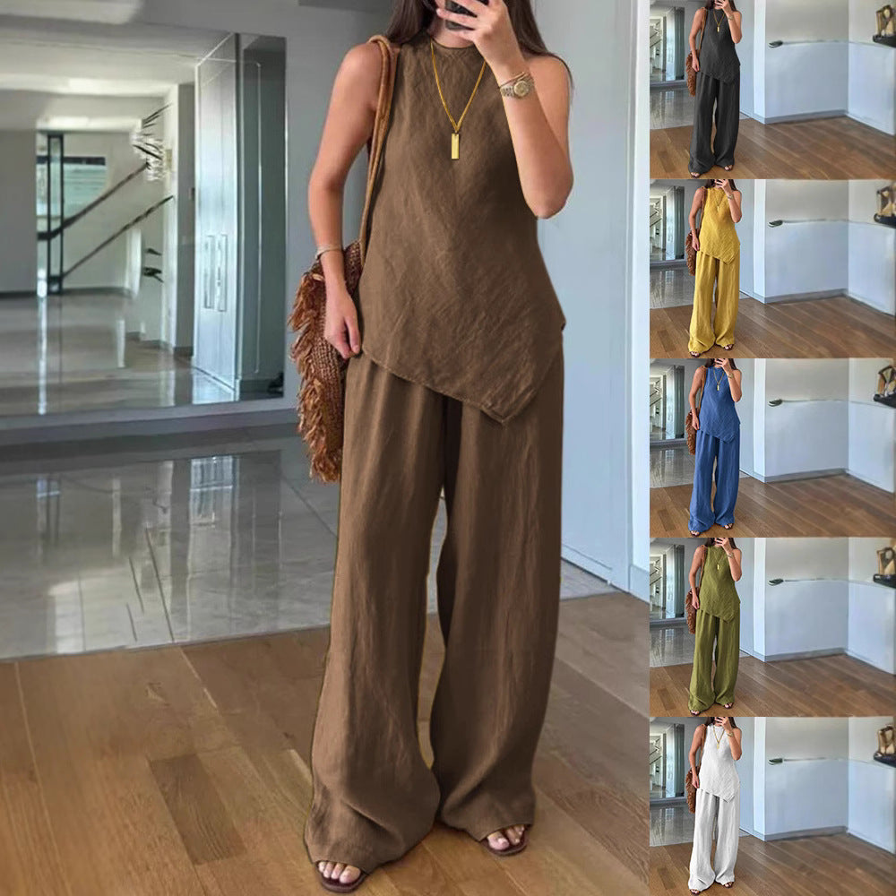 Casual Round Neck Pullover Sleeveless Plus Pocket Pants Cotton Multicolor Women's Suit