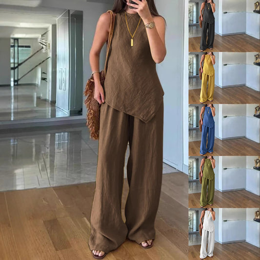 Casual Round Neck Pullover Sleeveless Plus Pocket Pants Cotton Multicolor Women's Suit