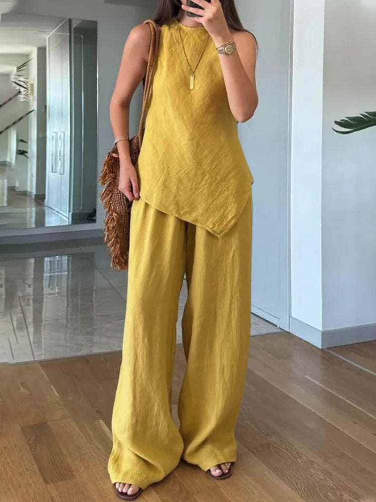 Casual Round Neck Pullover Sleeveless Plus Pocket Pants Cotton Multicolor Women's Suit