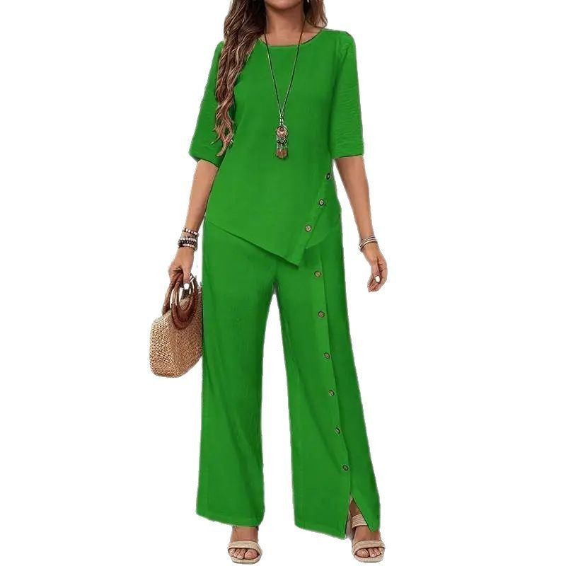 Women's irregular hem elegant fashion casual shirt loose two-piece suit