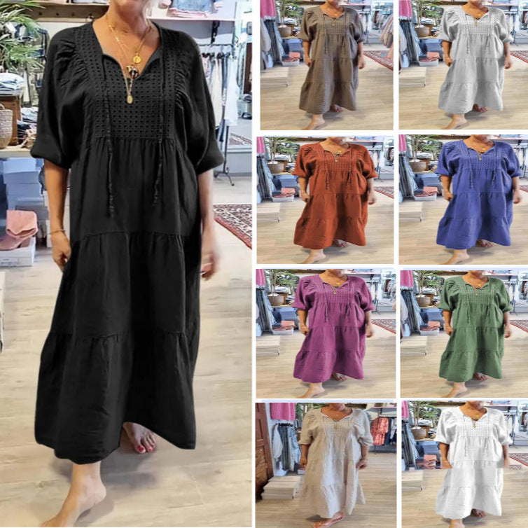 2025 Cotton linen V-neck tie solid color loose plus size dress