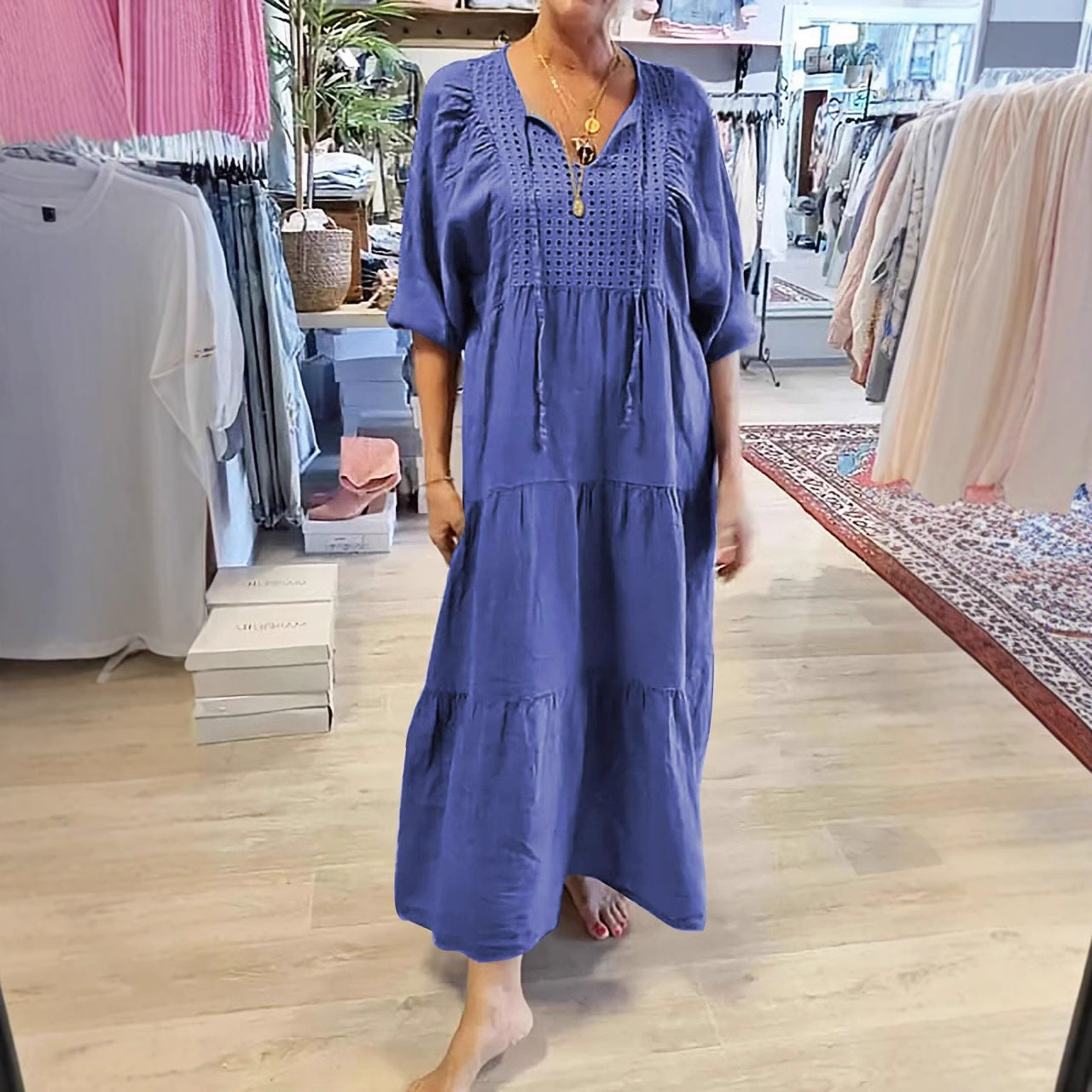 2025 Cotton linen V-neck tie solid color loose plus size dress