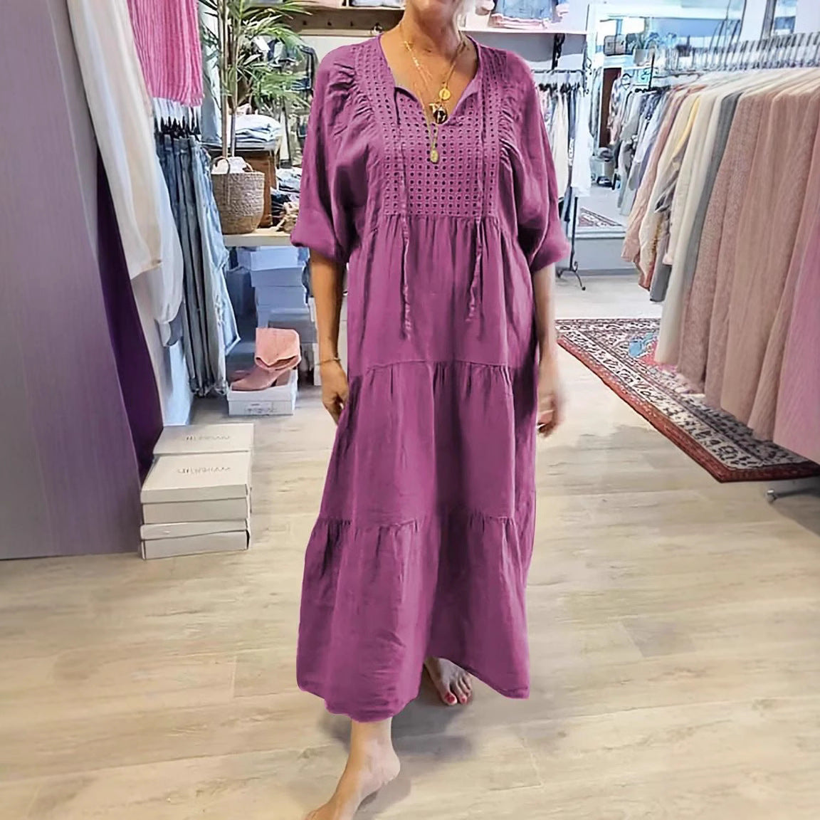 2025 Cotton linen V-neck tie solid color loose plus size dress