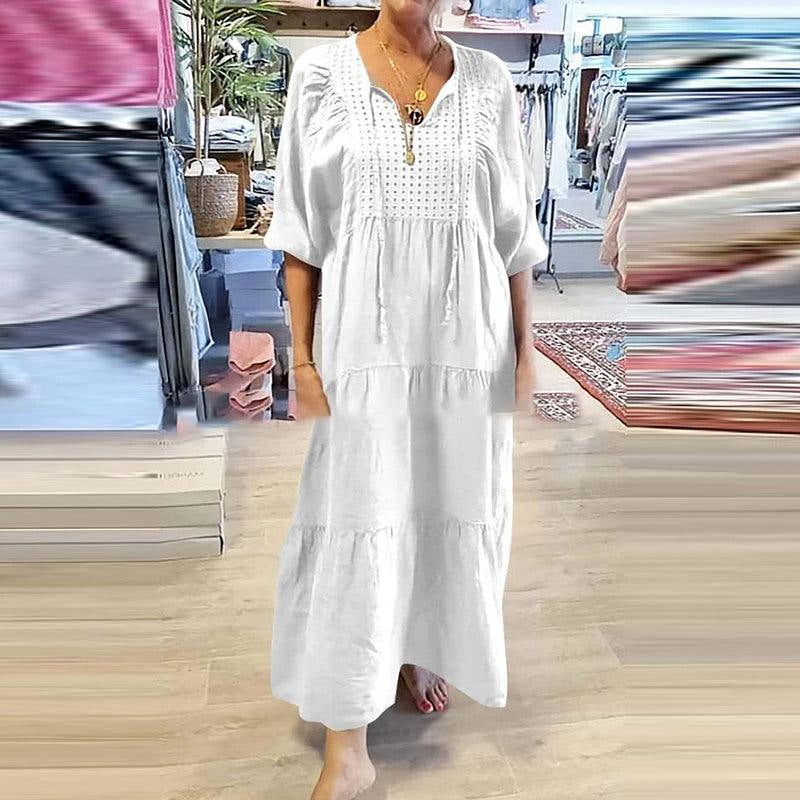 2025 Cotton linen V-neck tie solid color loose plus size dress