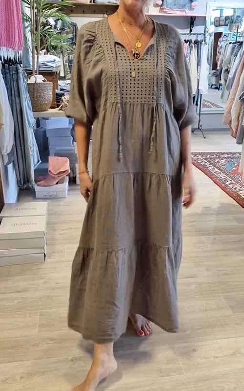 2025 Cotton linen V-neck tie solid color loose plus size dress