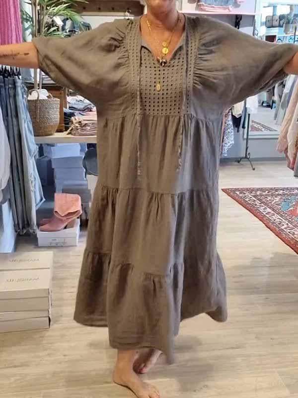 2025 Cotton linen V-neck tie solid color loose plus size dress