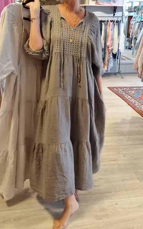 2025 Cotton linen V-neck tie solid color loose plus size dress