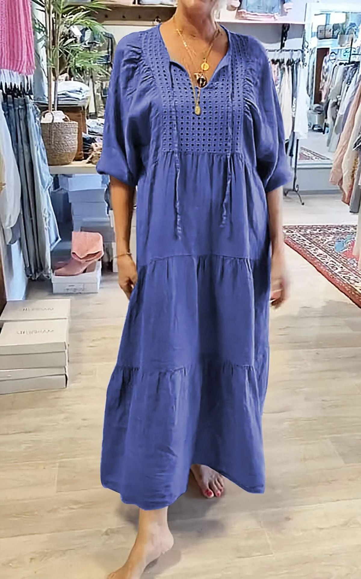 2025 Cotton linen V-neck tie solid color loose plus size dress