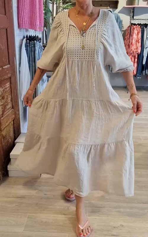 2025 Cotton linen V-neck tie solid color loose plus size dress