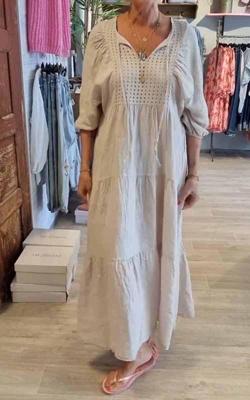 2025 Cotton linen V-neck tie solid color loose plus size dress