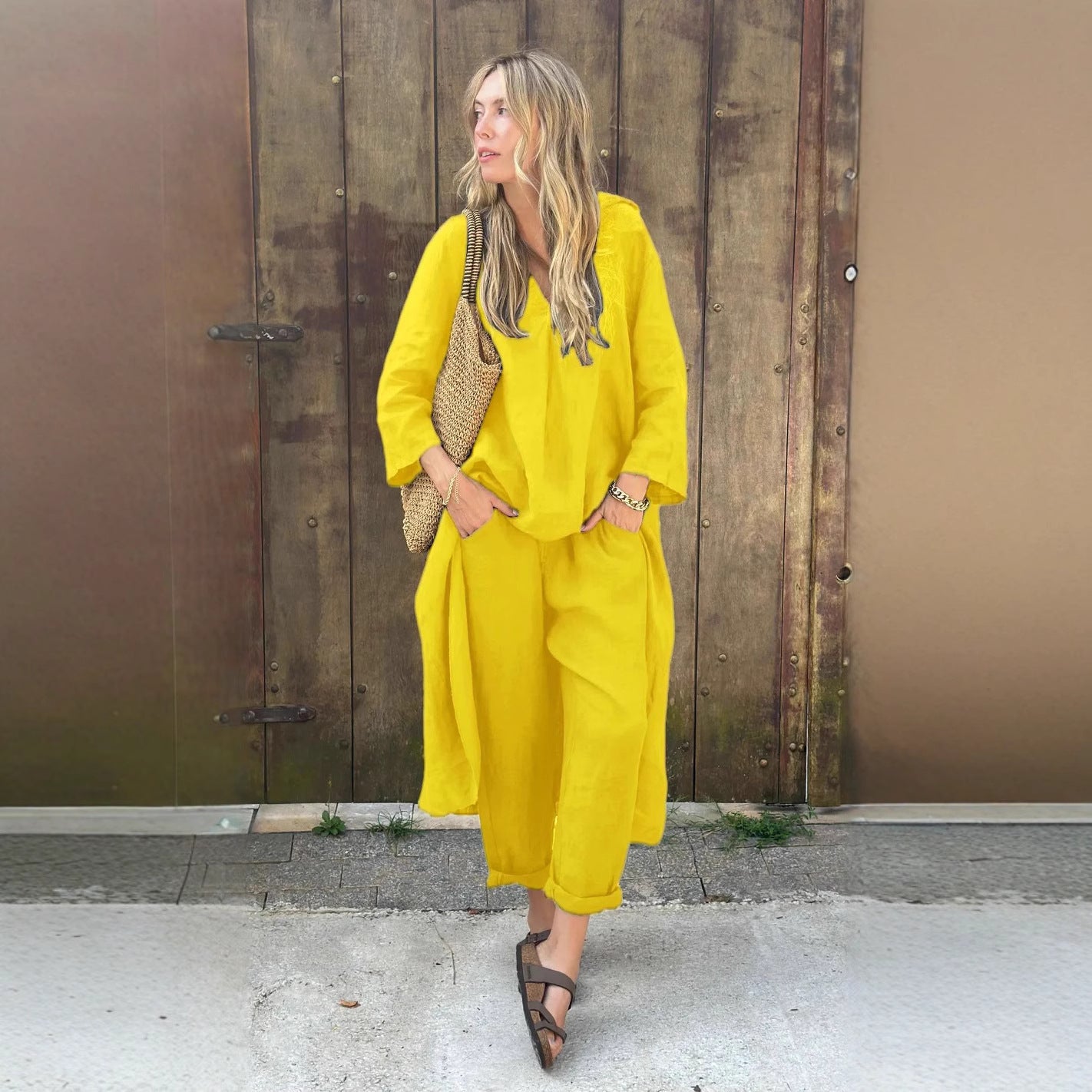 2025 Large Size Cotton Linen Shirt Set High Waisted Loose Pants