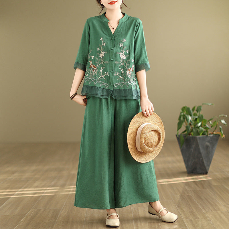2025 Summer Cotton Linen Small Standing Collar Embroidered Top + Wide Leg Pants Loose Fashion Two Piece Set