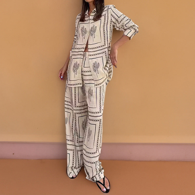 Printed long-sleeved shirt wide-legged trousers lazy style fashion suit homewear