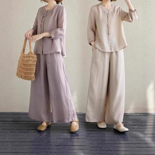 Summer fashion big size shirt wide leg trousers linen two-piece summer