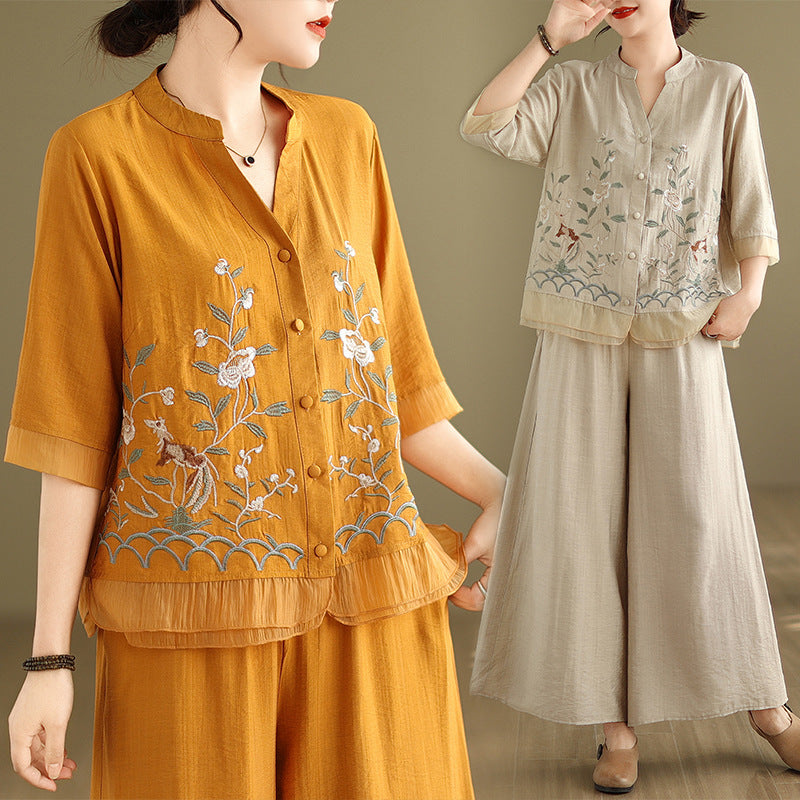 2025 Summer Cotton Linen Small Standing Collar Embroidered Top + Wide Leg Pants Loose Fashion Two Piece Set