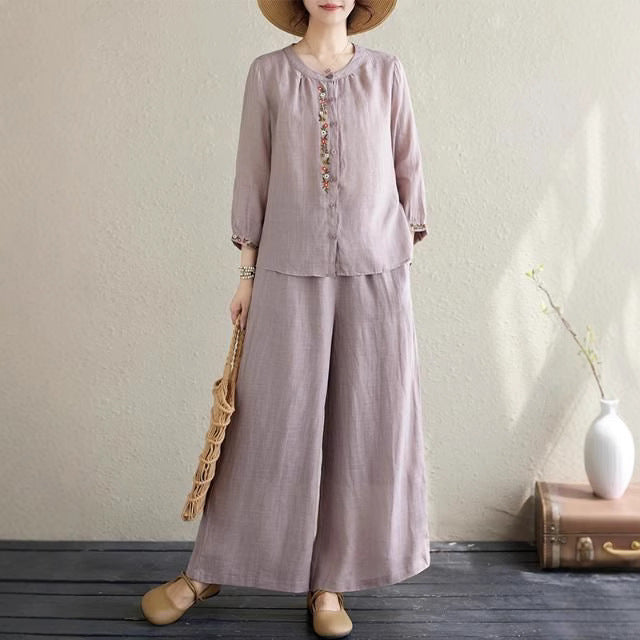 Summer fashion big size shirt wide leg trousers linen two-piece summer