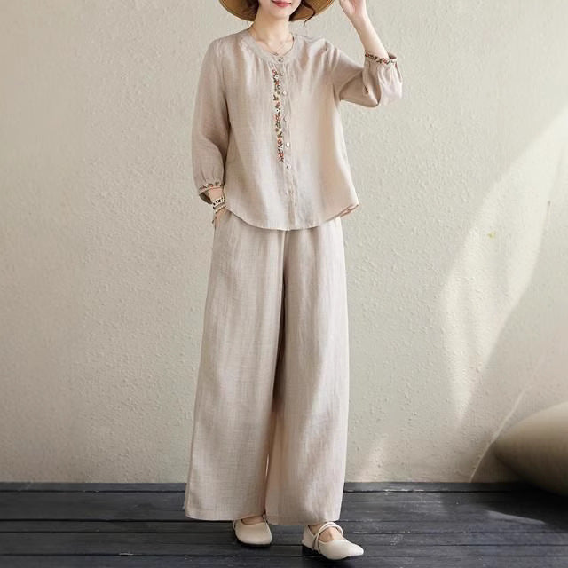 Summer fashion big size shirt wide leg trousers linen two-piece summer