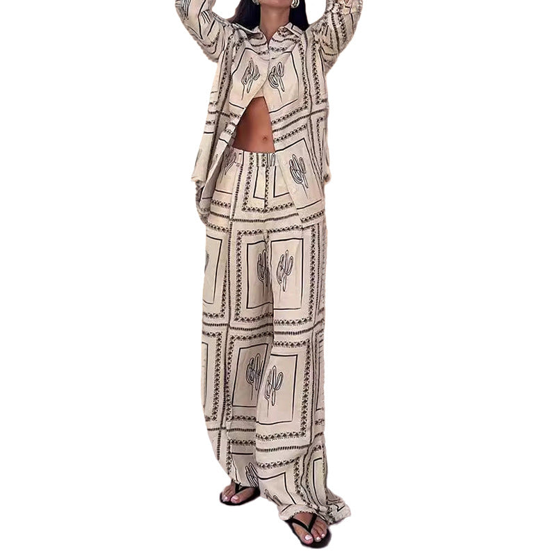Printed long-sleeved shirt wide-legged trousers lazy style fashion suit homewear