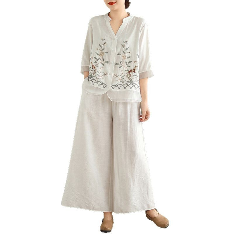 2025 Summer Cotton Linen Small Standing Collar Embroidered Top + Wide Leg Pants Loose Fashion Two Piece Set