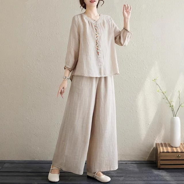 Summer fashion big size shirt wide leg trousers linen two-piece summer