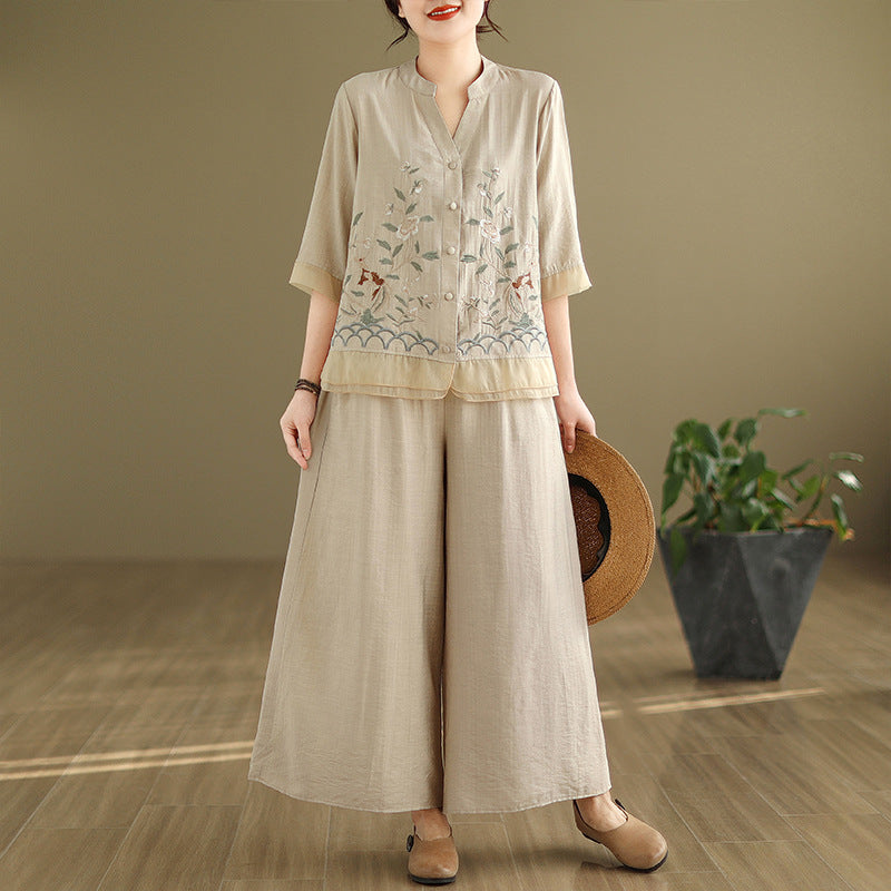 2025 Summer Cotton Linen Small Standing Collar Embroidered Top + Wide Leg Pants Loose Fashion Two Piece Set