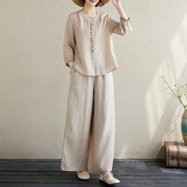Summer fashion big size shirt wide leg trousers linen two-piece summer