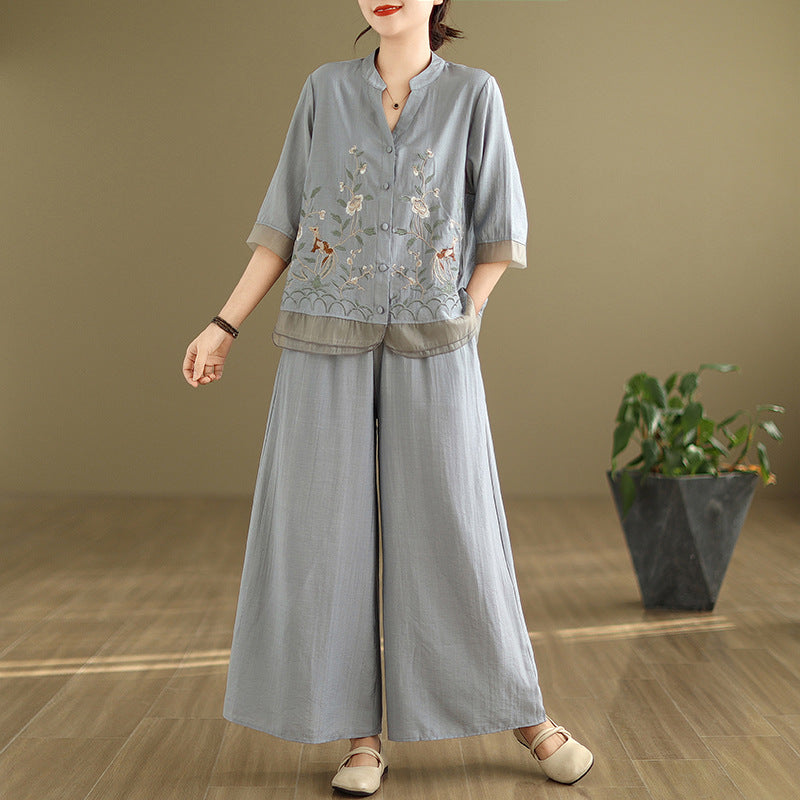 2025 Summer Cotton Linen Small Standing Collar Embroidered Top + Wide Leg Pants Loose Fashion Two Piece Set