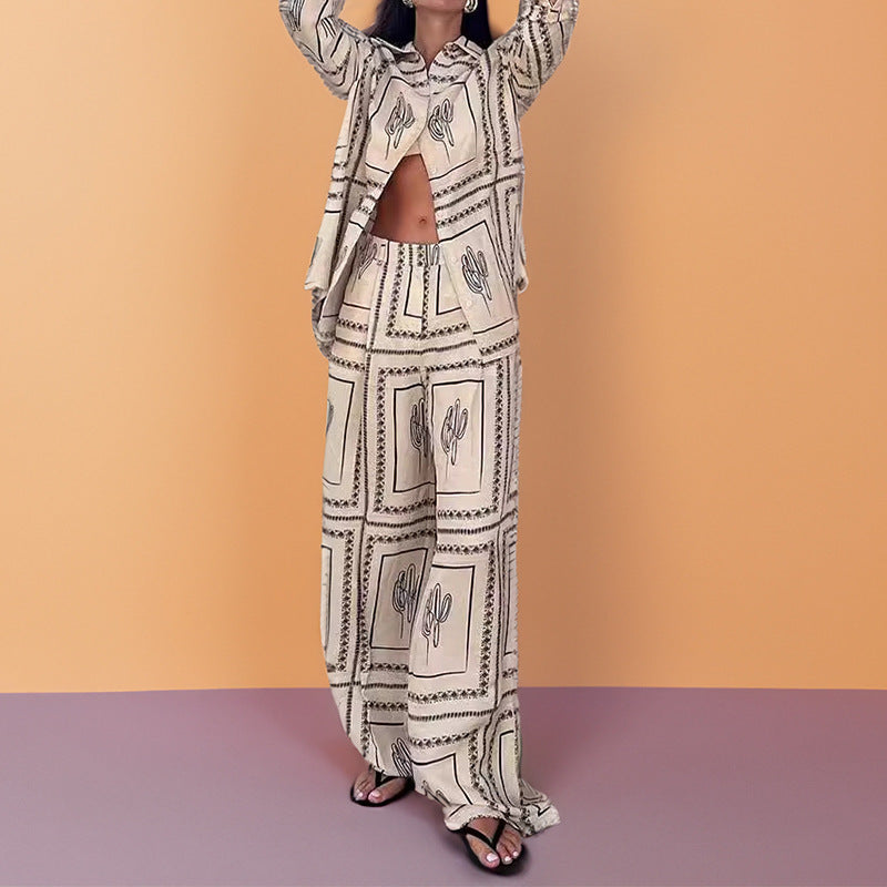 Printed long-sleeved shirt wide-legged trousers lazy style fashion suit homewear