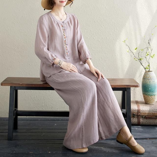 Summer fashion big size shirt wide leg trousers linen two-piece summer