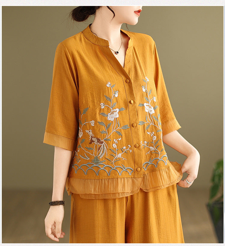 2025 Summer Cotton Linen Small Standing Collar Embroidered Top + Wide Leg Pants Loose Fashion Two Piece Set