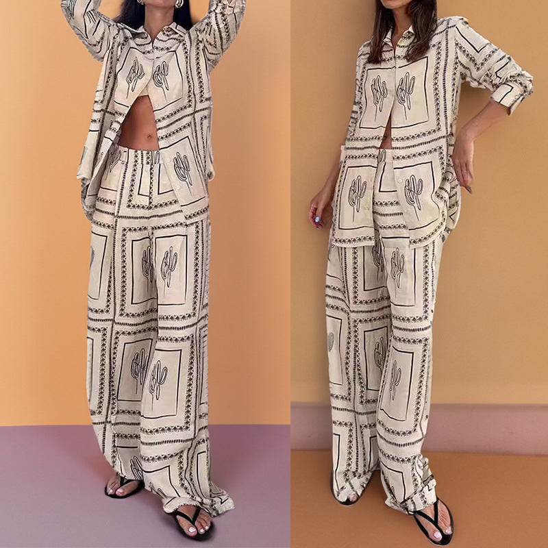 Printed long-sleeved shirt wide-legged trousers lazy style fashion suit homewear