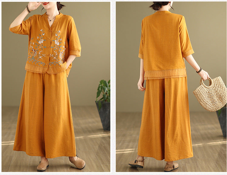 2025 Summer Cotton Linen Small Standing Collar Embroidered Top + Wide Leg Pants Loose Fashion Two Piece Set