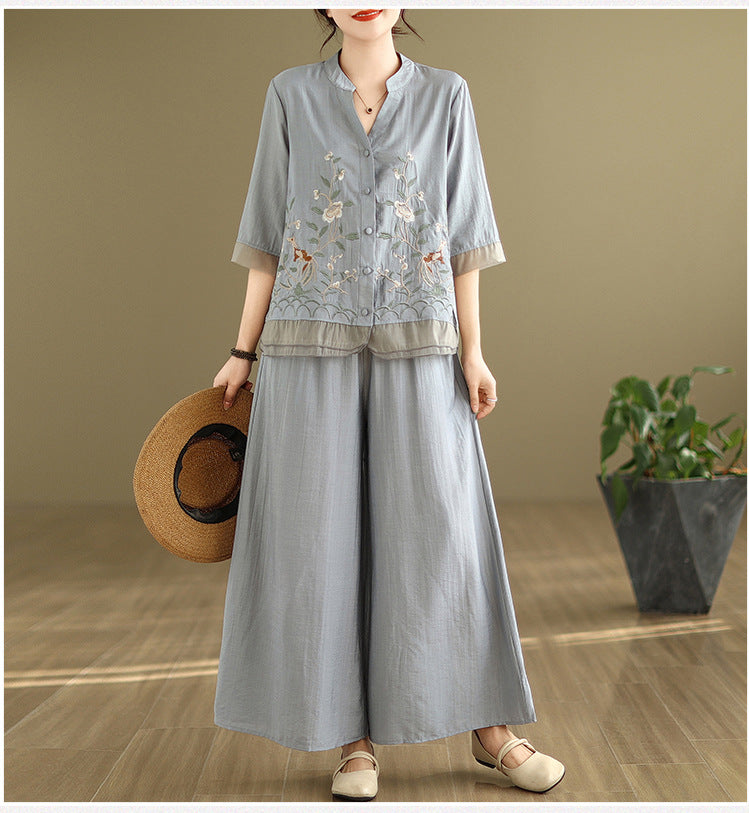2025 Summer Cotton Linen Small Standing Collar Embroidered Top + Wide Leg Pants Loose Fashion Two Piece Set