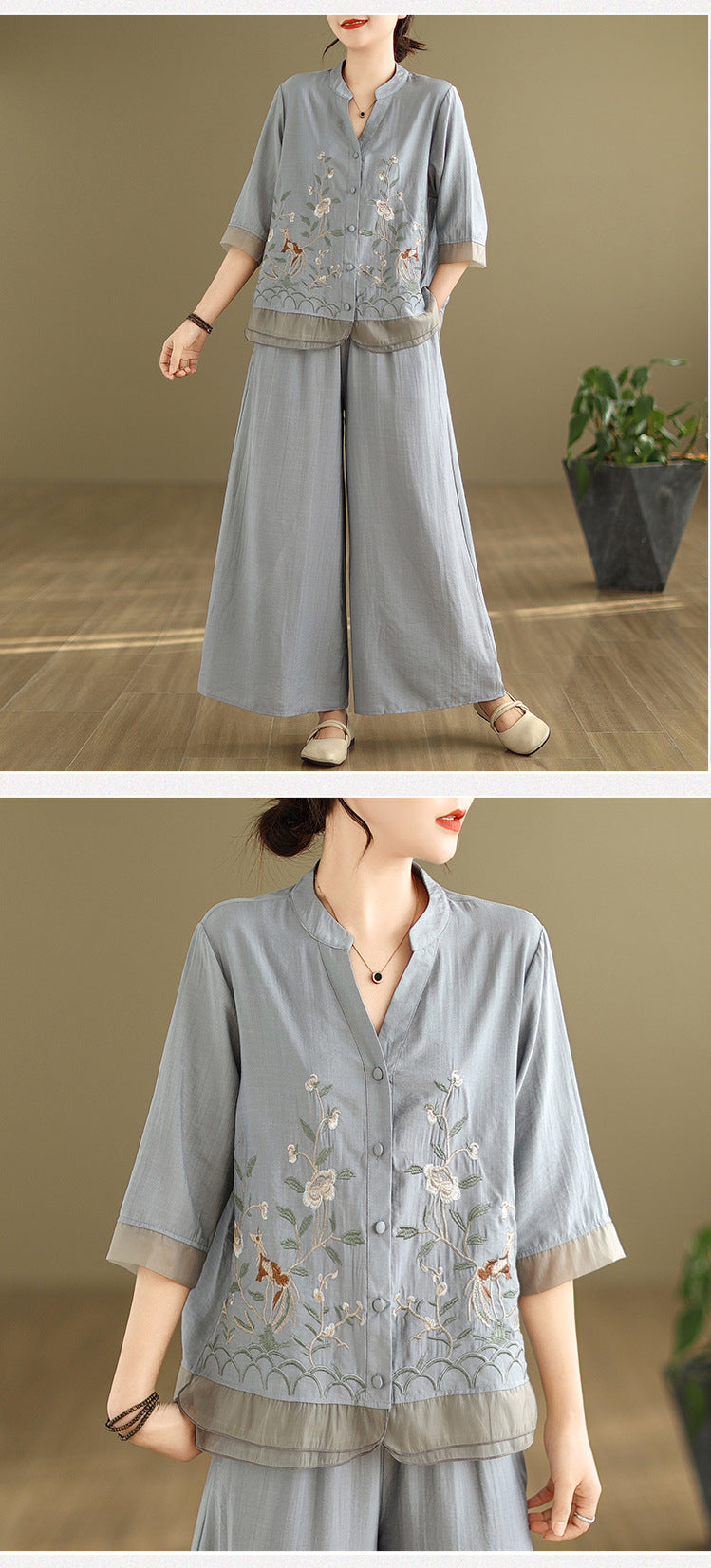 2025 Summer Cotton Linen Small Standing Collar Embroidered Top + Wide Leg Pants Loose Fashion Two Piece Set