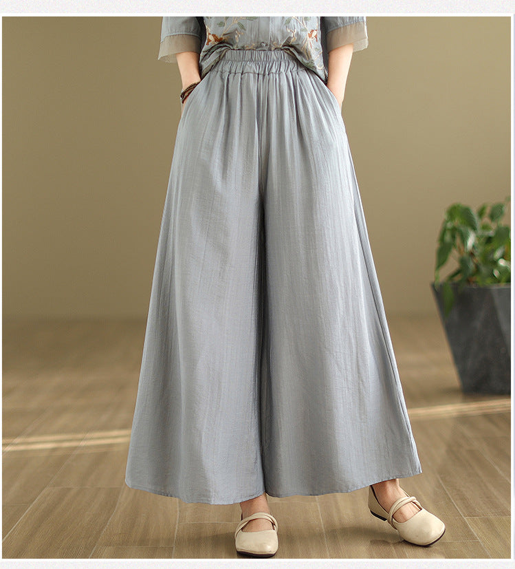 2025 Summer Cotton Linen Small Standing Collar Embroidered Top + Wide Leg Pants Loose Fashion Two Piece Set