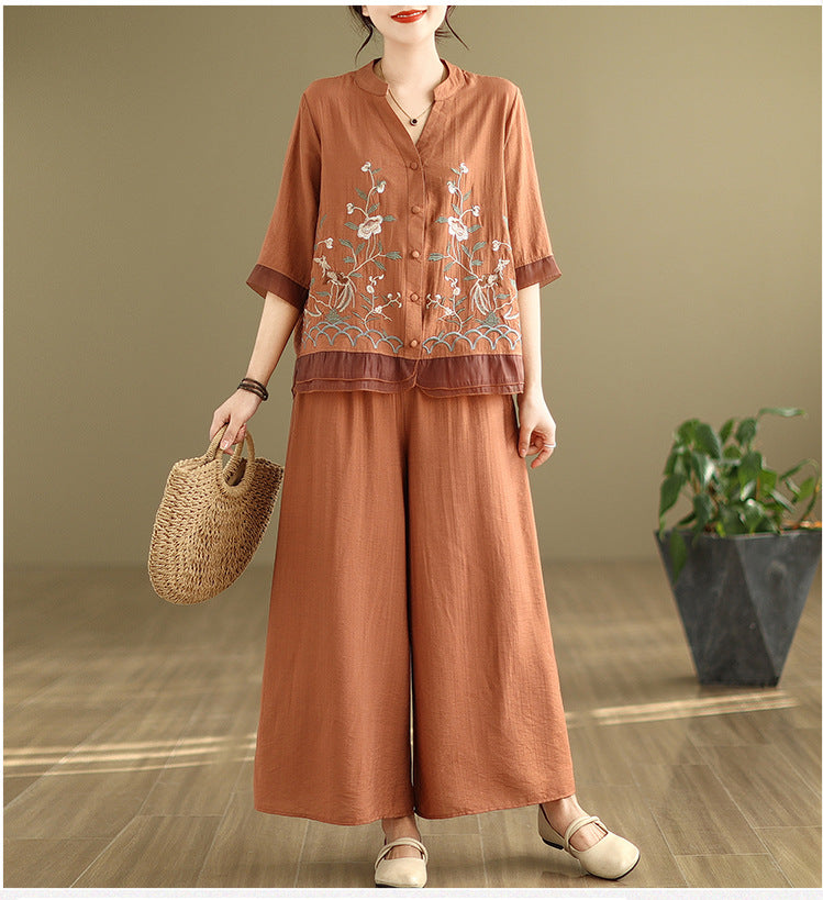 2025 Summer Cotton Linen Small Standing Collar Embroidered Top + Wide Leg Pants Loose Fashion Two Piece Set