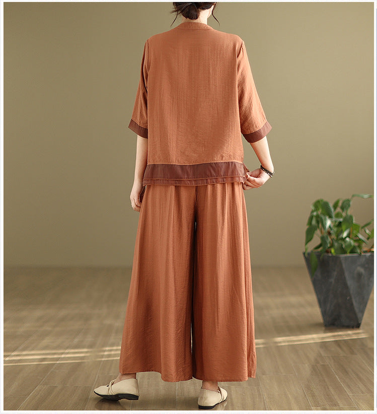 2025 Summer Cotton Linen Small Standing Collar Embroidered Top + Wide Leg Pants Loose Fashion Two Piece Set