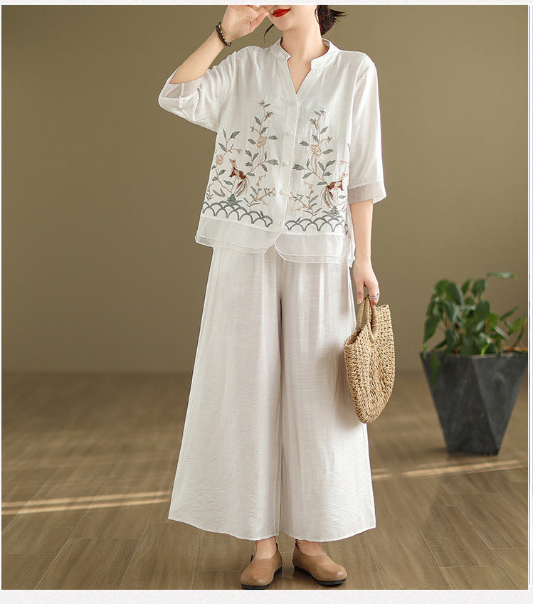 2025 Summer Cotton Linen Small Standing Collar Embroidered Top + Wide Leg Pants Loose Fashion Two Piece Set