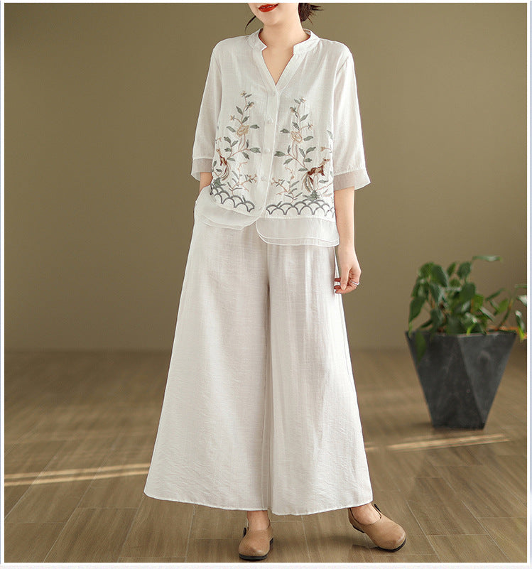 2025 Summer Cotton Linen Small Standing Collar Embroidered Top + Wide Leg Pants Loose Fashion Two Piece Set