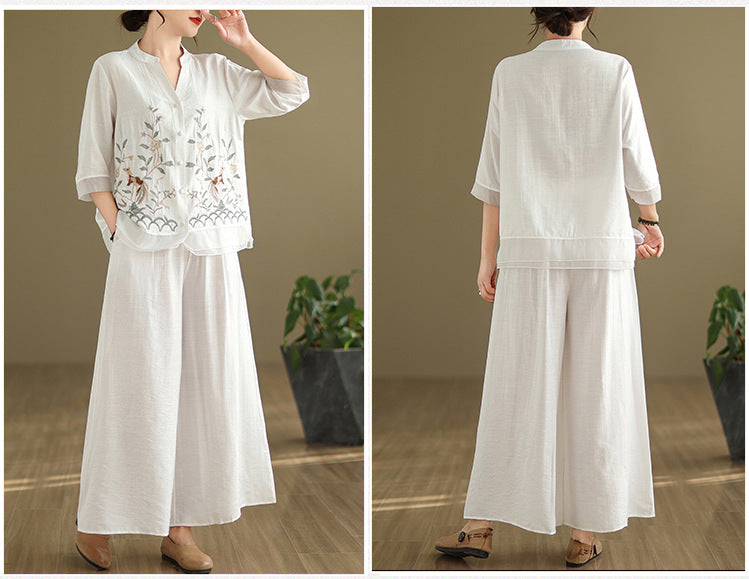 2025 Summer Cotton Linen Small Standing Collar Embroidered Top + Wide Leg Pants Loose Fashion Two Piece Set