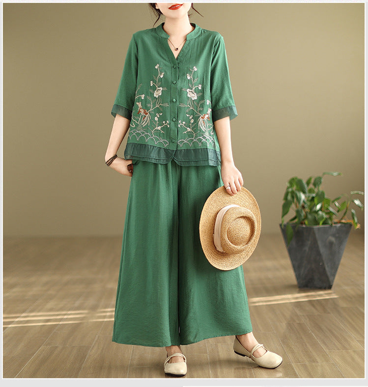 2025 Summer Cotton Linen Small Standing Collar Embroidered Top + Wide Leg Pants Loose Fashion Two Piece Set