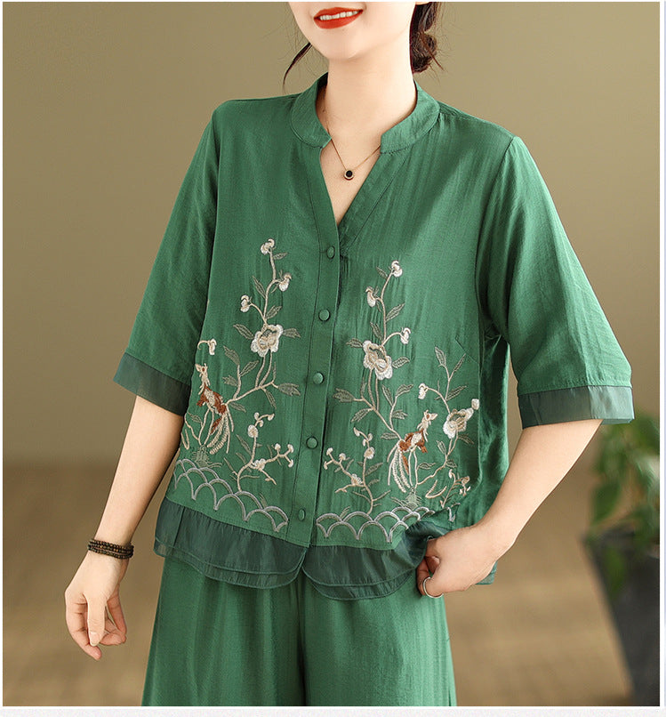 2025 Summer Cotton Linen Small Standing Collar Embroidered Top + Wide Leg Pants Loose Fashion Two Piece Set