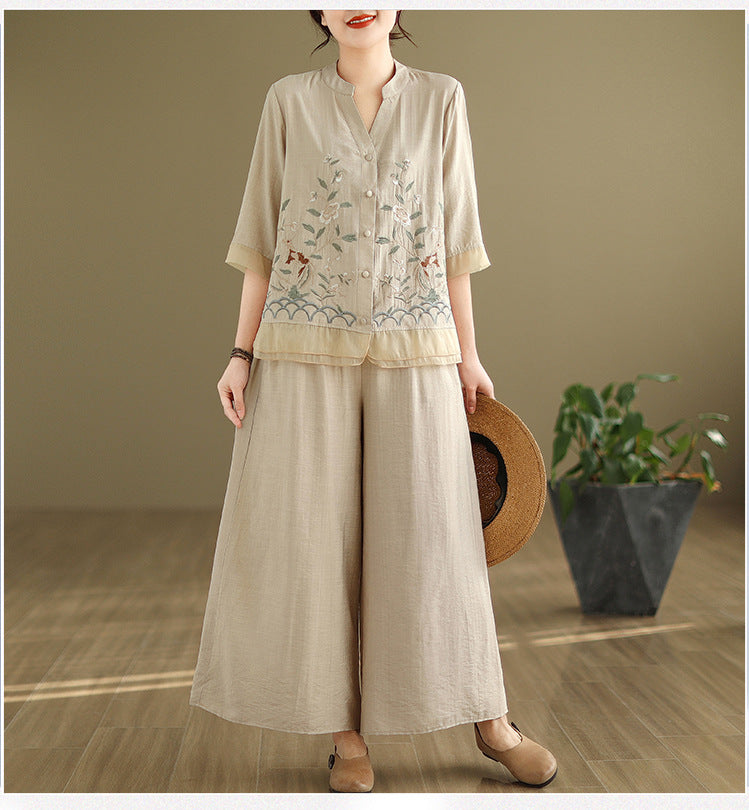 2025 Summer Cotton Linen Small Standing Collar Embroidered Top + Wide Leg Pants Loose Fashion Two Piece Set