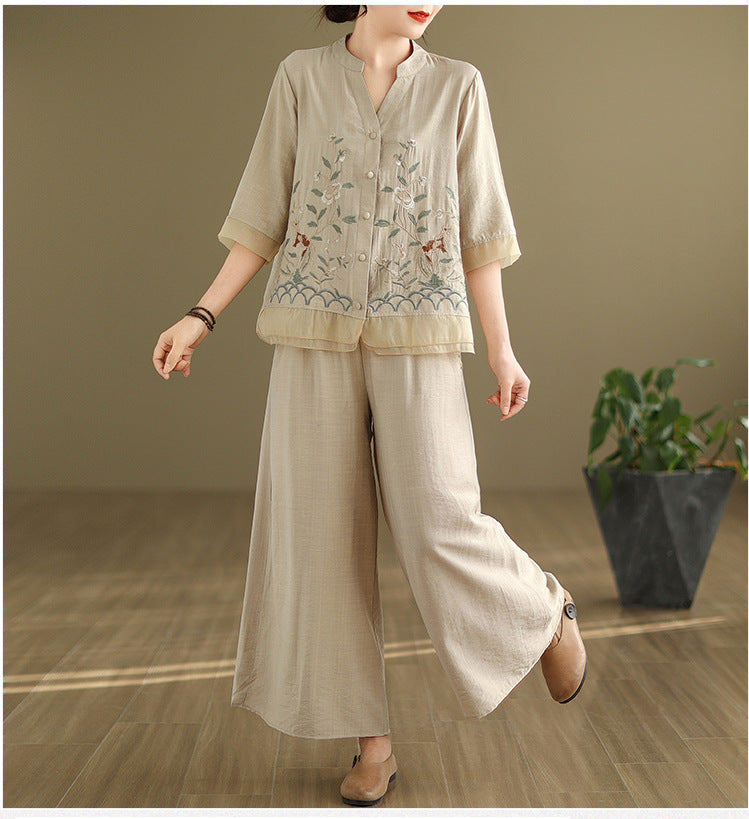 2025 Summer Cotton Linen Small Standing Collar Embroidered Top + Wide Leg Pants Loose Fashion Two Piece Set