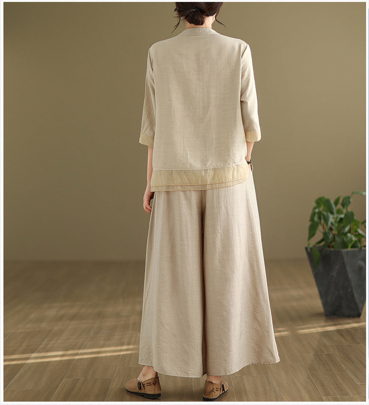 2025 Summer Cotton Linen Small Standing Collar Embroidered Top + Wide Leg Pants Loose Fashion Two Piece Set