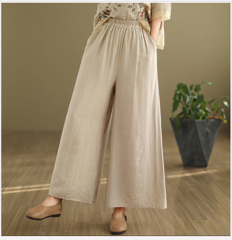 2025 Summer Cotton Linen Small Standing Collar Embroidered Top + Wide Leg Pants Loose Fashion Two Piece Set