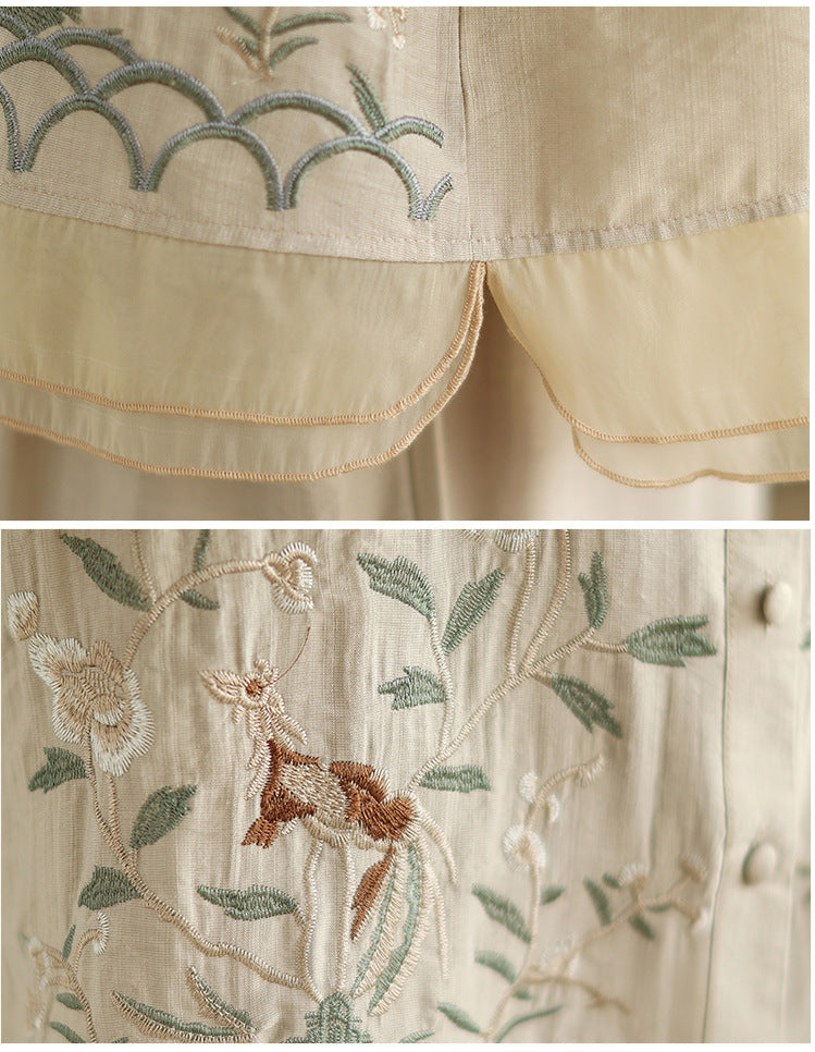 2025 Summer Cotton Linen Small Standing Collar Embroidered Top + Wide Leg Pants Loose Fashion Two Piece Set