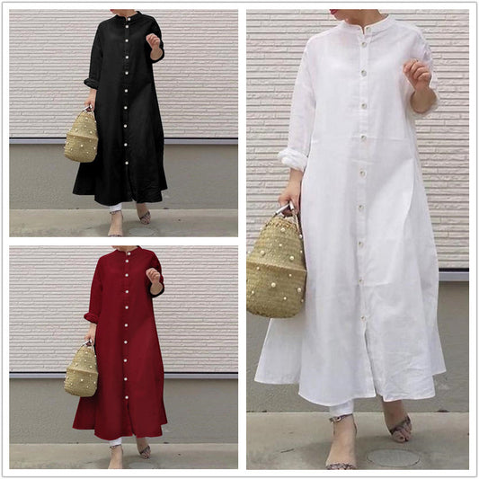 New literary style temperament pure colour casual stand-up collar cardigan long sleeve shirt dress